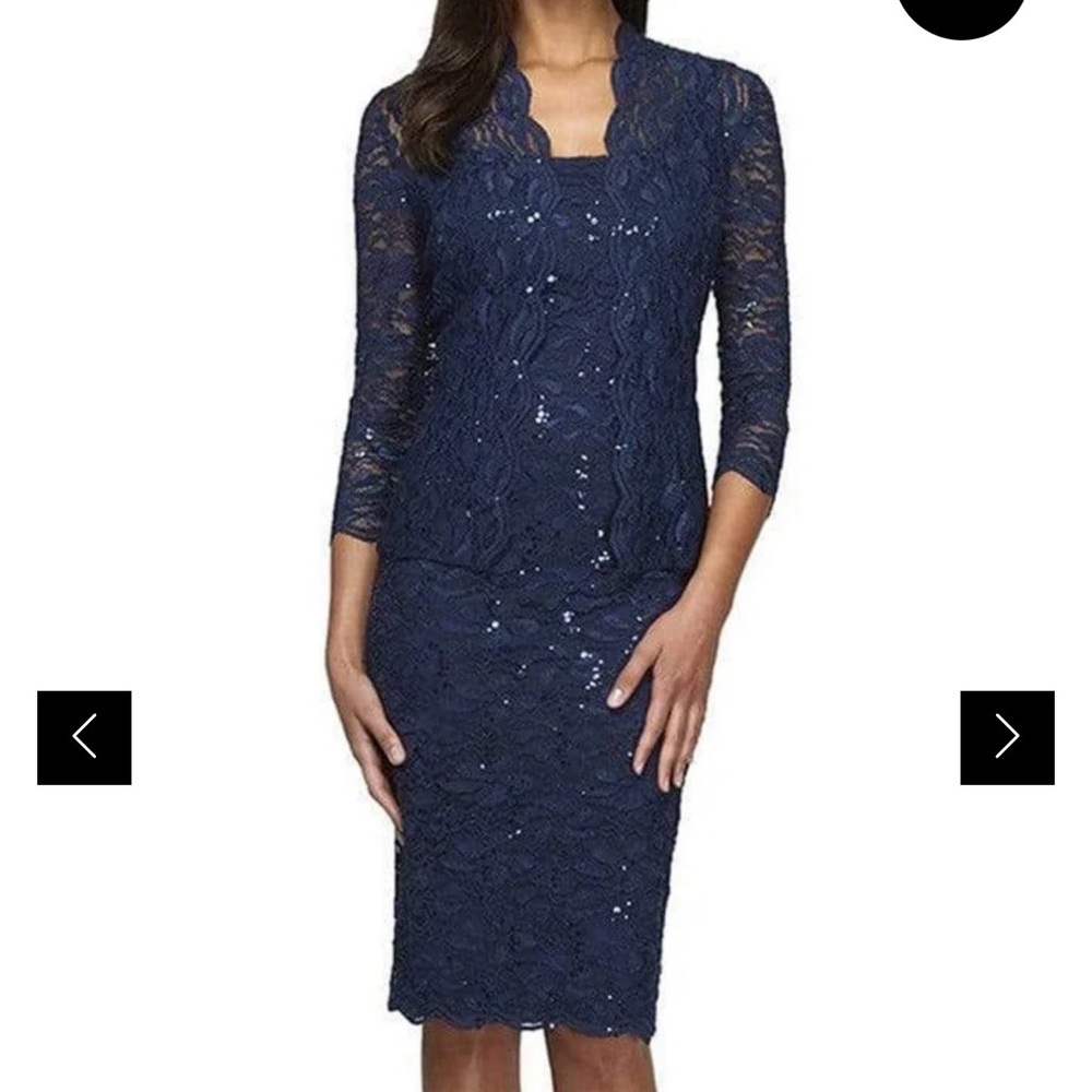 Alex Evenings Navy Lace Midi Dress with 3/4 Sleeves